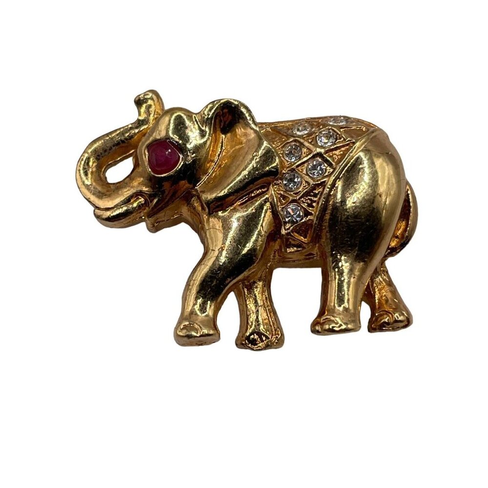 Vintage‎ Elephant Brooch Pin Pave Crystals Trunk Up Gold Tone Red Eye 1” Mini - Picture 2 of 6